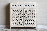 Antique Indian Jali Hand Carved Solid Wooden Cabinet Whitewash 90x40x90cm A0146